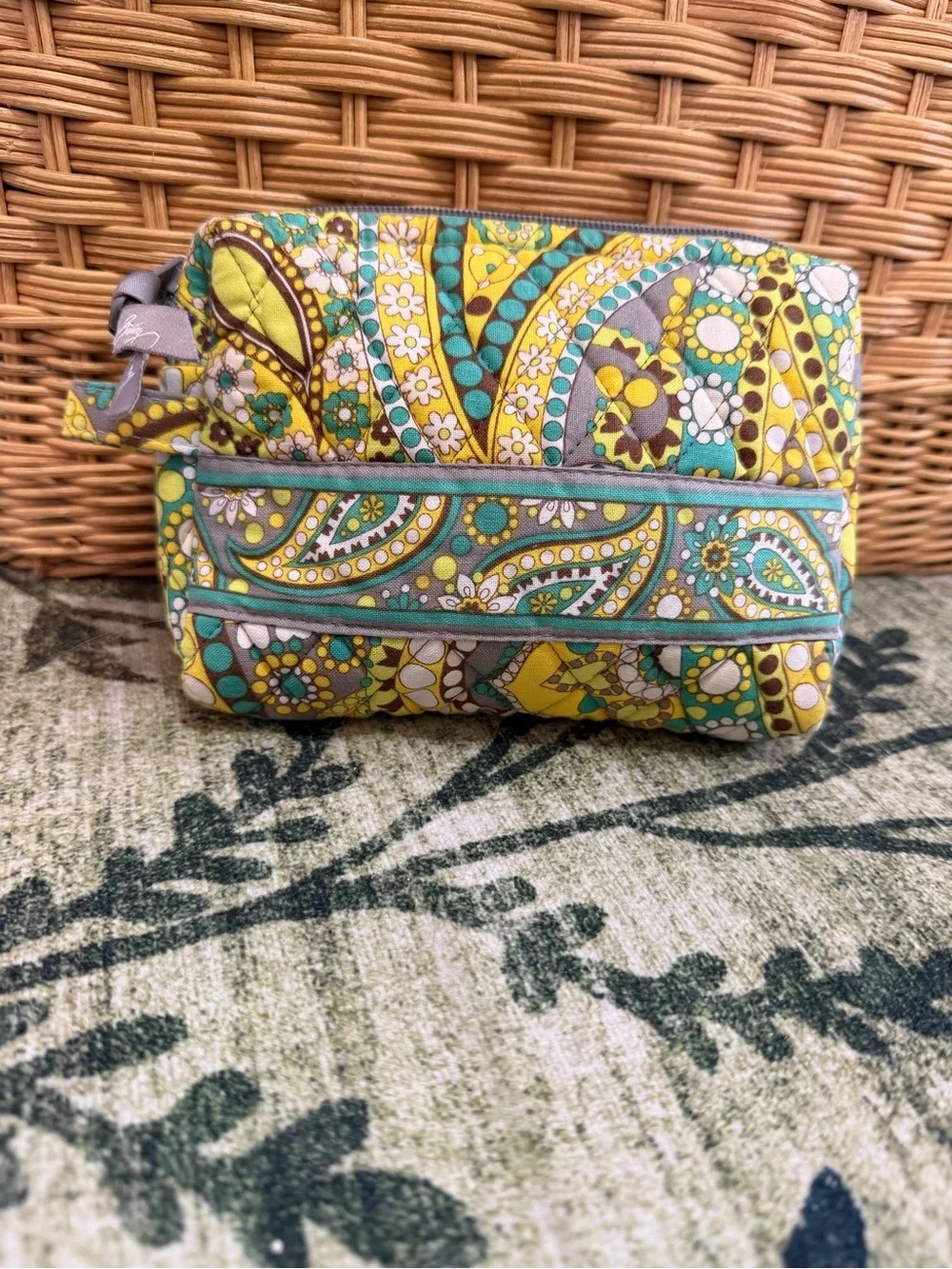 Vintage Vera Bradley Yellow Teal Paisley Quilted Zip Cosmetic Bag Pouch